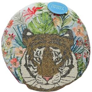 Bengal Tiger Beaded 17" Round Pillow Handmade India Tribal Glam Jungle NWT